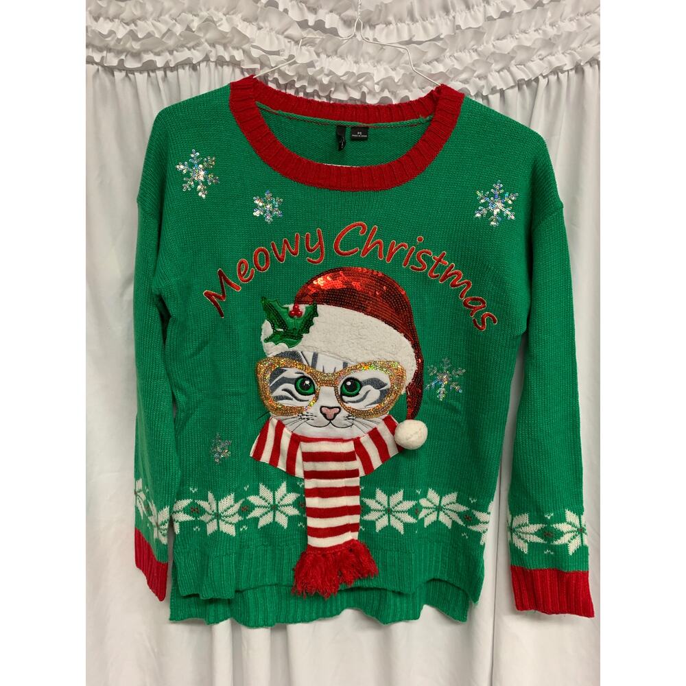 New Directions Petite “Meowy Christmas” Cat Ugly Christmas Sweater – Size PS - Picture 2 of 5